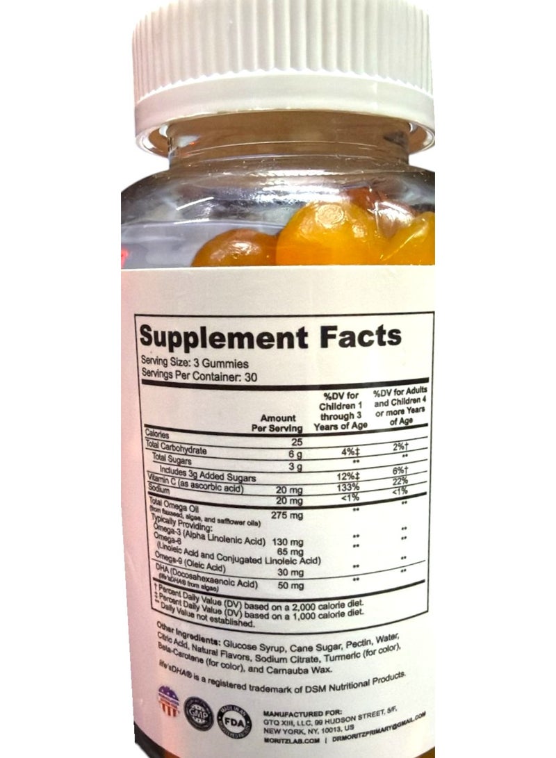 Dr. Moritz حلوى أوميغا 3 للأطفال والصغار مع أوميغا 6 و9 (90 قطعة) مكمل غذائي للأطفال من حمض الدوكوساهيكسانويك لدعم القلب والرؤية - بدون زيت سمك وخالي من الجلوتين وصحة المناعة وألياف نباتية قابلة للمضغ - Image 2