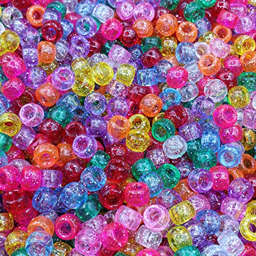 Amaney 1000 Pieces 6x9mm Mixed Colors Glitter Transparent Mix Plastic Pony Beads
