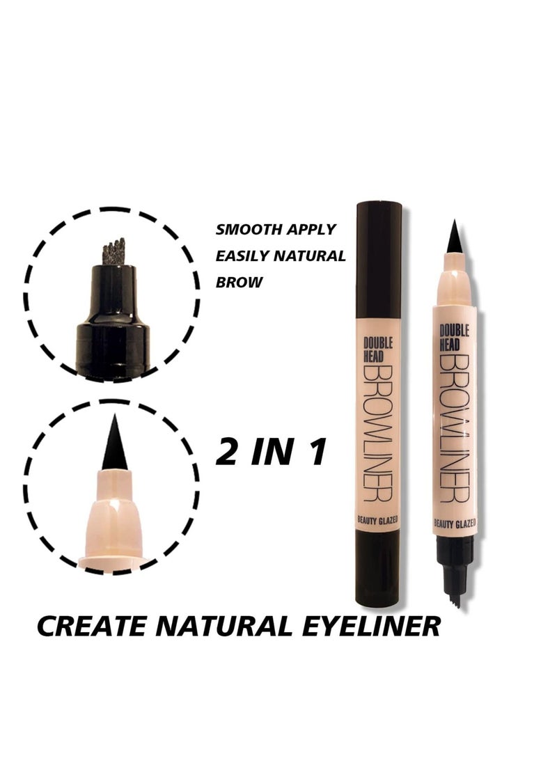 2 IN 1 Four Tiny Fork Tip Eyebrow Pen With Eyeliner, Micro-Fork Tip Applicator Eyebrow Pencil Long Lasting, Waterproof and Smudge-proof Eye Brow Makeup (3 Pack)