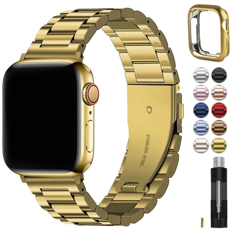 Fullmosa Metal Band Compatible with Apple Watch Bands 41mm 40mm 38mm iWatch Band with Case for Apple Watch Series 9 8 7 6 5 4 3 2 1 SE321 Golden - Image 2