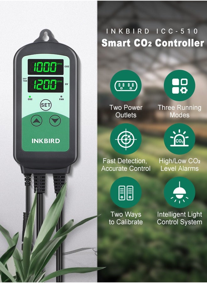 إنك بيرد - INKBIRD متحكم ثاني أكسيد الكربون ICC-510 منظم ذكي لثاني أكسيد الكربون مع منفذين لمولّد CO2 ومروحة التهوية، نظام تحكم ليلي ونهاري وإنذارات لمستويات CO2 العالية والمنخفضة - Image 1