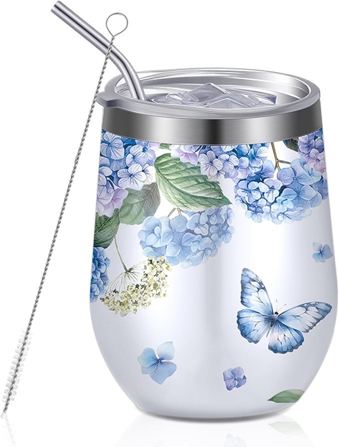 FLORAL INSULATED WINE TUMBLER 12 OZ SPRING HYDRANGEA BUTTERFLY STAINLESS STEEL WINE GLASS WITH LIDS AND STRAW DOUBLE WALL TRAVEL TUMBLE FOR WOMEN COFFEE COCKTAIL MOTHERS DAY GIFT