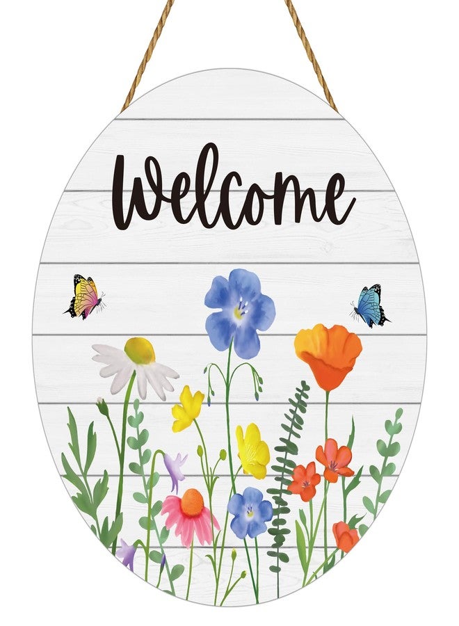 YUNKKIN Spring Decorations for Home Spring Door Decor Floral Grass Butterfly Wall Decor Wooden Wreaths for Front Door Hanger Welcome Sign for Porch Wall Porch Indoor Home Decor - Image 1