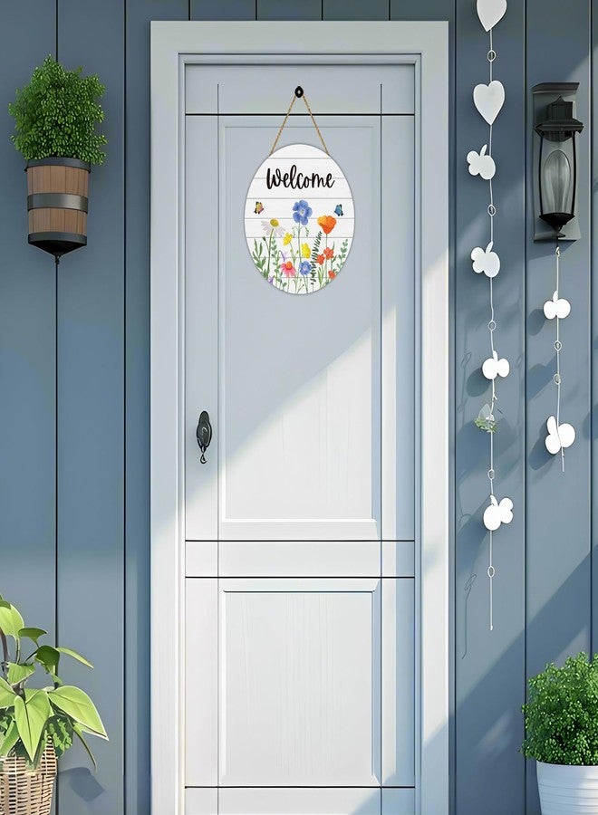 YUNKKIN Spring Decorations for Home Spring Door Decor Floral Grass Butterfly Wall Decor Wooden Wreaths for Front Door Hanger Welcome Sign for Porch Wall Porch Indoor Home Decor - Image 3