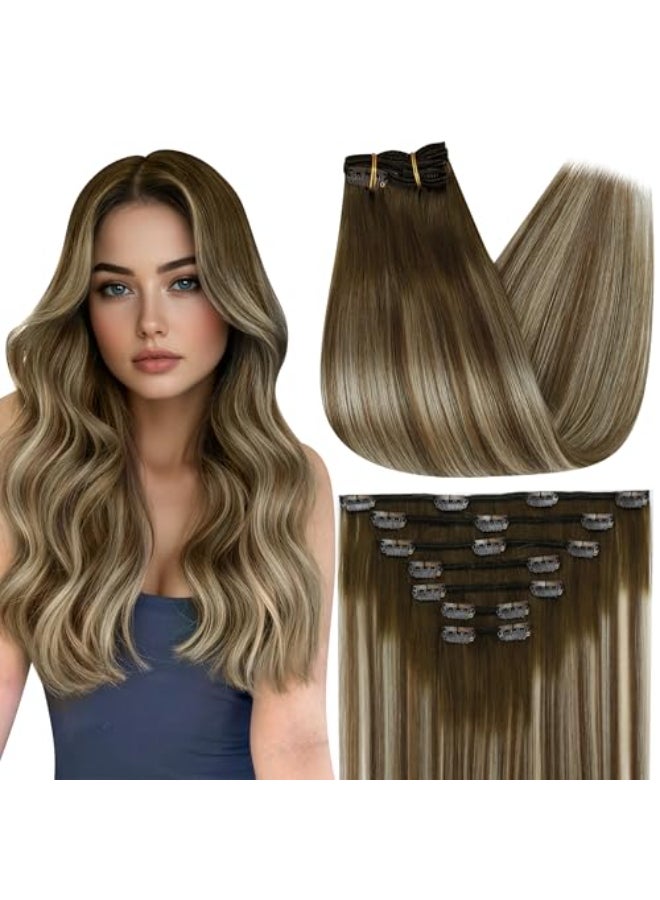 Full Shine Balayage Brown Clip in Hair Extensions Human Hair Brown to Light Brown Mix Light Blonde Remy Hair Extensions Straight Clip in Extensions for Women 20 Inch 7 Pcs 120g