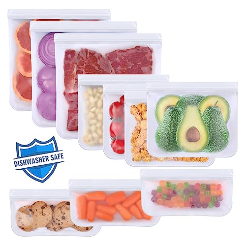Lerine 10 Pack Dishwasher Safe Reusable Bags, Leakproof Reusable Freezer Bags, BPA Free Food Storage Bags for Lunch Marinate Food Travel(White) - 3 Gallon 4 Sandwich 3 Snack Bags - Image 1