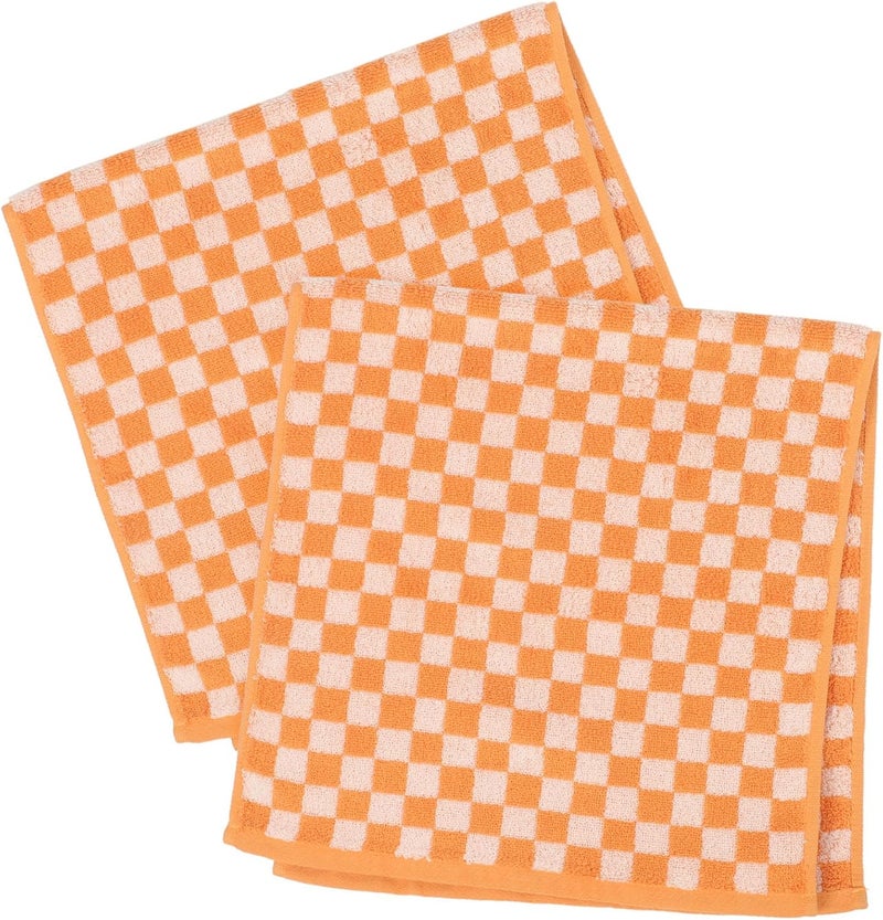 Pure Cotton Jacquard Adult Face Towels 2pcs Orange Checked Hand Washcloths Thick Soft Absorbent Large Bathroom Towels for Daily Facial and Spa Use - Image 1