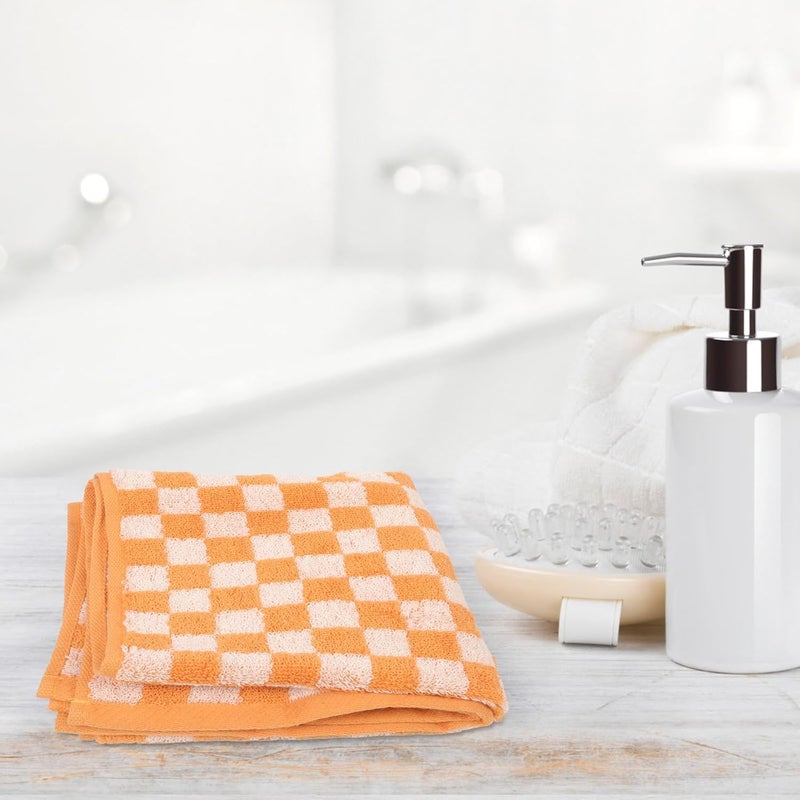 Pure Cotton Jacquard Adult Face Towels 2pcs Orange Checked Hand Washcloths Thick Soft Absorbent Large Bathroom Towels for Daily Facial and Spa Use - Image 4
