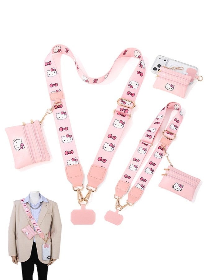 Hello Kitty Print Wide Phone Lanyard With Detachable Mini Coin Pouch, Adjustable Crossbody Strap For Mobile Phone - Image 1