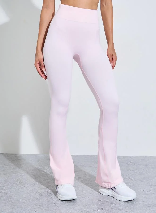 Pink Solid High-Waist Flare Active Pants