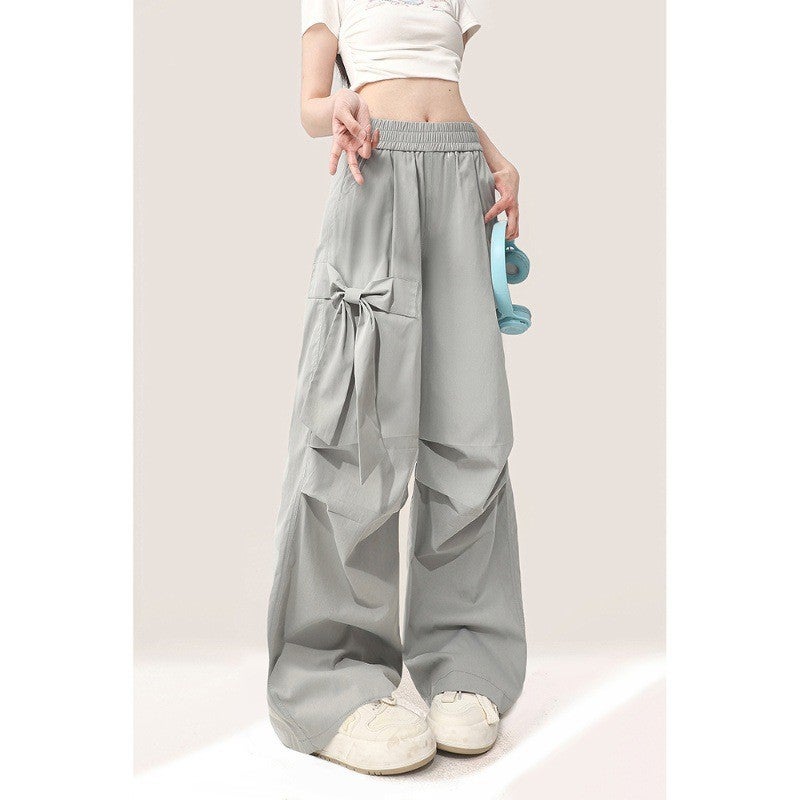 Grey Bow Casual Pants Women'S Summer Thin American-Style Quick-Drying Covers Sweet Cool Style Straight Wide-Leg Long Pants - Image 1