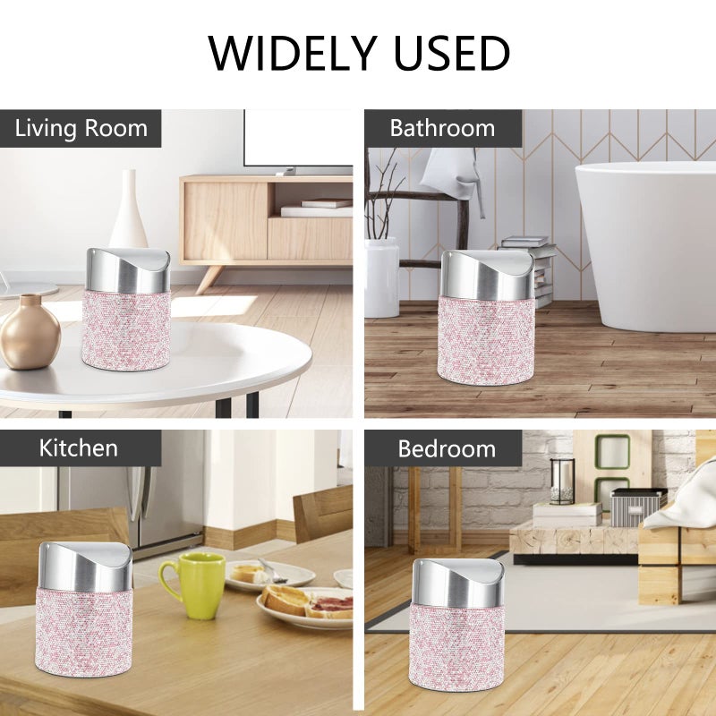 KEYPOWER Bling Rhinestone Mini Trash Can Tiny Waste Can with Swing Lid Stainless Steel,Suitable for Countertop,Car,Table Desk(Pink) - Image 4