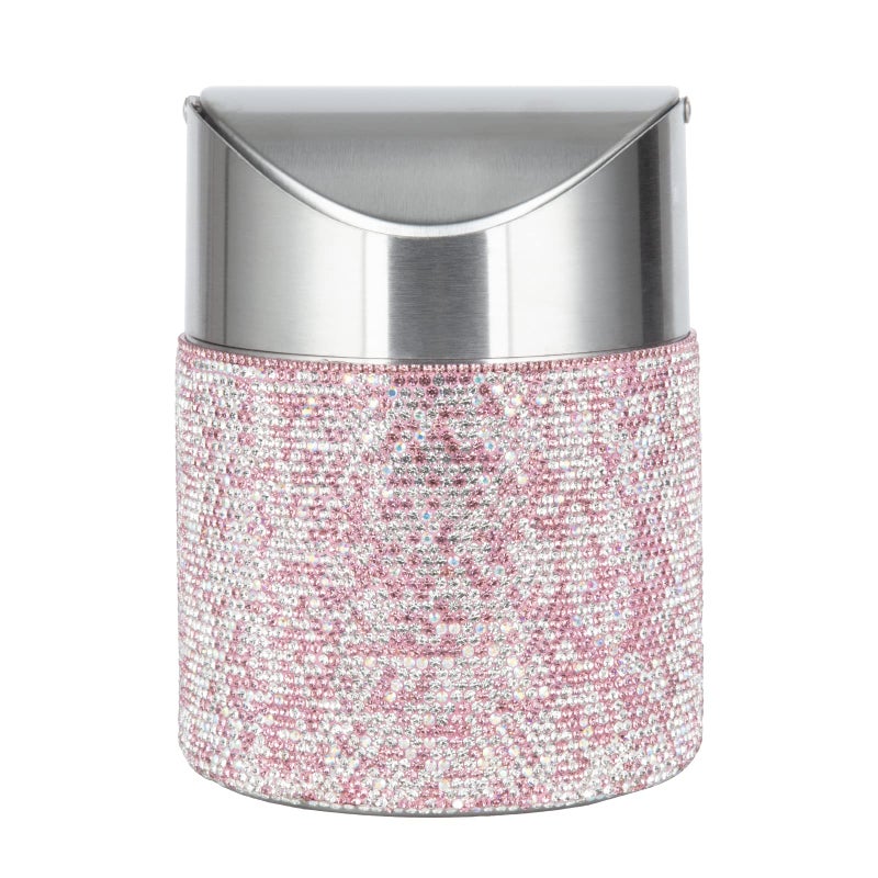 KEYPOWER Bling Rhinestone Mini Trash Can Tiny Waste Can with Swing Lid Stainless Steel,Suitable for Countertop,Car,Table Desk(Pink) - Image 1