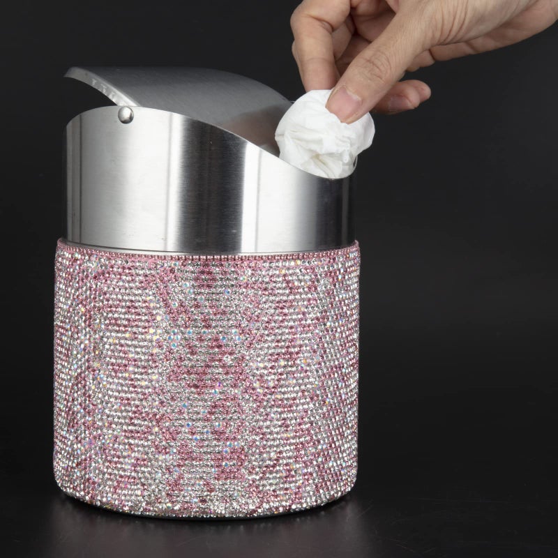 KEYPOWER Bling Rhinestone Mini Trash Can Tiny Waste Can with Swing Lid Stainless Steel,Suitable for Countertop,Car,Table Desk(Pink) - Image 3