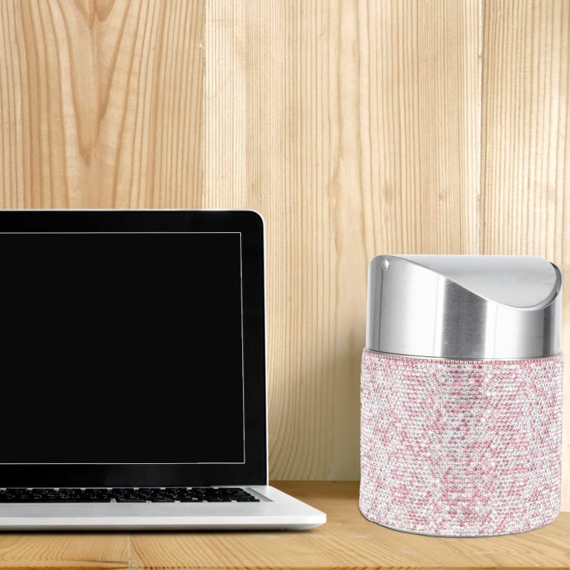 KEYPOWER Bling Rhinestone Mini Trash Can Tiny Waste Can with Swing Lid Stainless Steel,Suitable for Countertop,Car,Table Desk(Pink) - Image 5