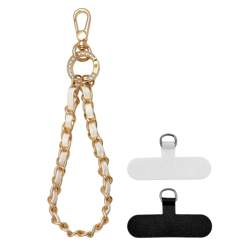 Nalefow Phone Wrist Strap with Metal Chain Phone Lanyard Wrist with 2 Tether Tabs Metal Leather Cellphone Charm Chain (White) - Image 1