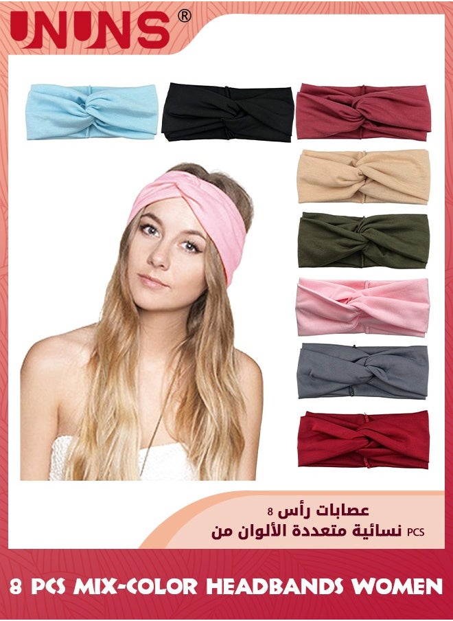 UNUNS عصابات رأس للنساء، عبوة من 8 قطع من عصابات الرأس المرنة غير القابلة للانزلاق، عصابات رأس عريضة ملتوية ناعمة، إكسسوارات شعر بلون واحد لممارسة اليوجا والجري والرياضة، 8 ألوان  - Image 1