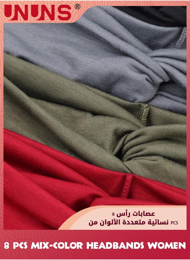UNUNS عصابات رأس للنساء، عبوة من 8 قطع من عصابات الرأس المرنة غير القابلة للانزلاق، عصابات رأس عريضة ملتوية ناعمة، إكسسوارات شعر بلون واحد لممارسة اليوجا والجري والرياضة، 8 ألوان  - Image 3