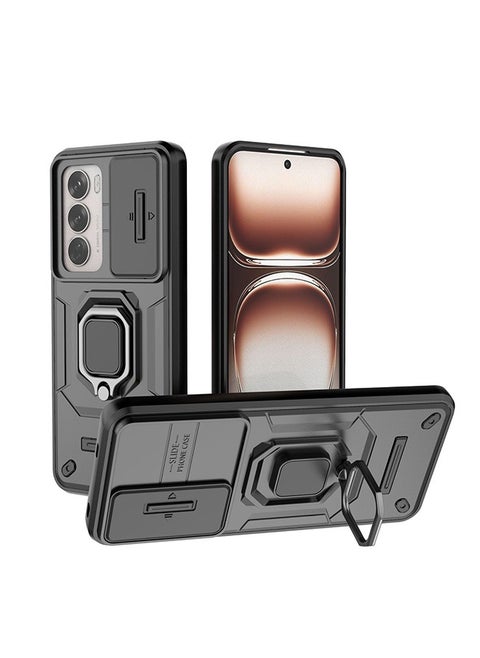 Oppo Reno 12 5G Case, Shockproof Cases, Anti-Fall Drop Protection, Built-in Slide Anti-Scratch Camera Lens Cover, Integrated 360 Degree Rotating Ring Kickstand, Black