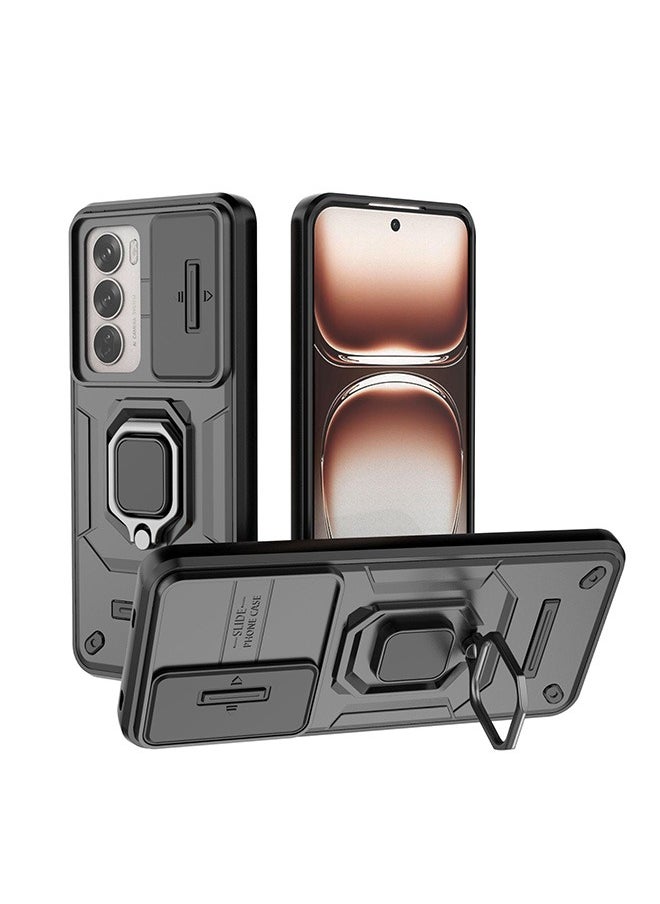 Oppo Reno 12 5G Case, Shockproof Cases, Anti-Fall Drop Protection, Built-in Slide Anti-Scratch Camera Lens Cover, Integrated 360 Degree Rotating Ring Kickstand, Black