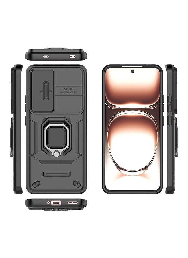 Oppo Reno 12 5G Case, Shockproof Cases, Anti-Fall Drop Protection, Built-in Slide Anti-Scratch Camera Lens Cover, Integrated 360 Degree Rotating Ring Kickstand, Black