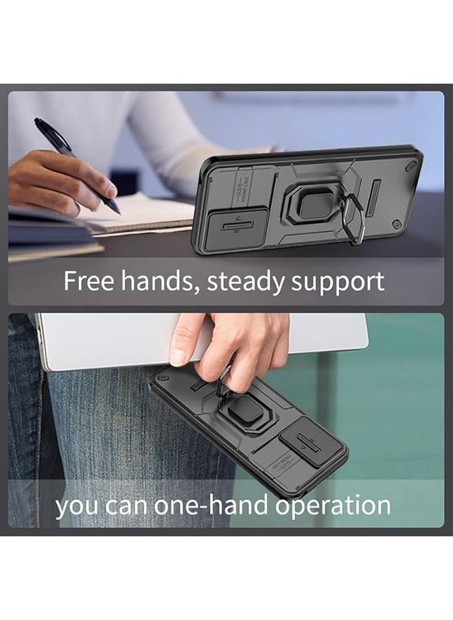 Oppo Reno 12 5G Case, Shockproof Cases, Anti-Fall Drop Protection, Built-in Slide Anti-Scratch Camera Lens Cover, Integrated 360 Degree Rotating Ring Kickstand, Black