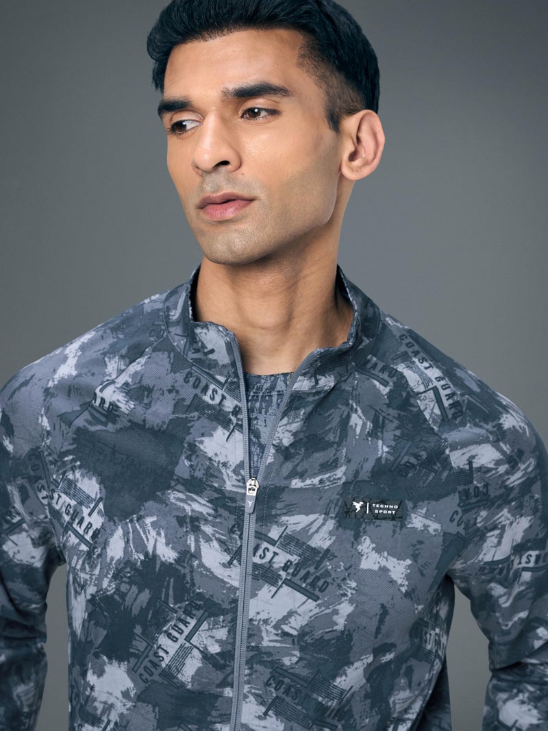 TECHNOSPORT Men's Slim Fit All Over Print Jacket for Sports, Gym & Regular Use - (MJPM92CTS005_Cobalt Squardon_XL) - Image 3