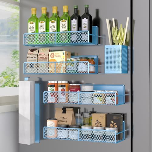 DTUQYX Magnetic Spice Rack for Refrigerator 6 Pack Metal Magnetic Shelf Blue Moveable Spice Organizer Strong Magnetic Storage Fridge Organizer with Paper Towel Holder Utensils Holder - Image 1
