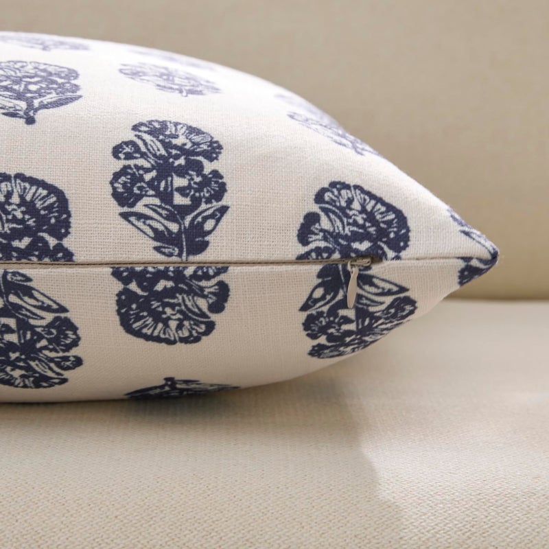 Meekio Set of 2 Navy Blue Pillow Covers 20 x 20 inches Linen Throw Pillow Covers with Floral Block Print for Sofa Couch Decor - Image 5