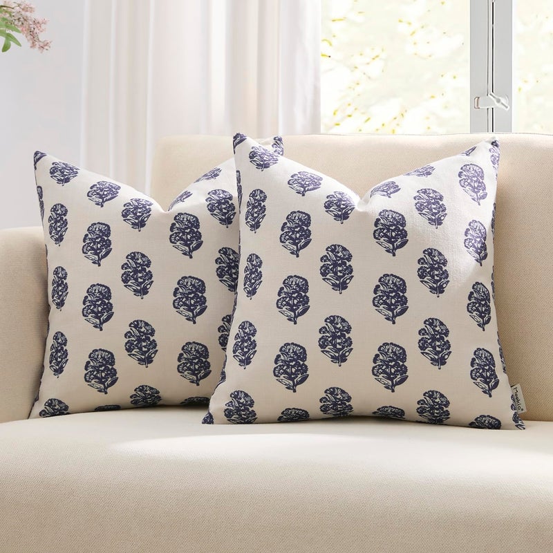 Meekio Set of 2 Navy Blue Pillow Covers 20 x 20 inches Linen Throw Pillow Covers with Floral Block Print for Sofa Couch Decor - Image 1