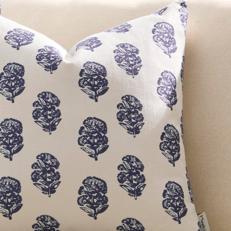 Meekio Set of 2 Navy Blue Pillow Covers 20 x 20 inches Linen Throw Pillow Covers with Floral Block Print for Sofa Couch Decor - Image 4