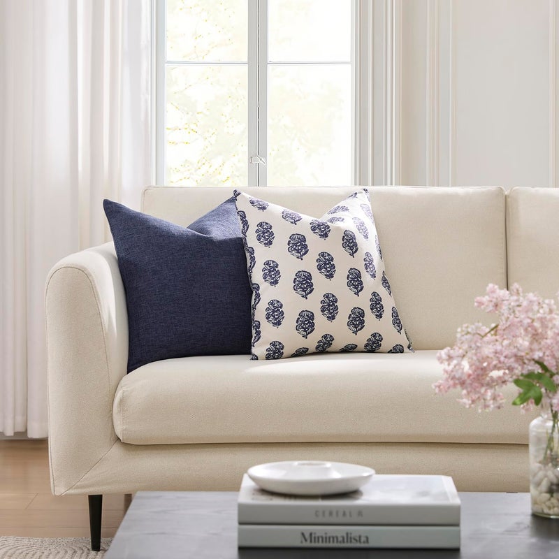 Meekio Set of 2 Navy Blue Pillow Covers 20 x 20 inches Linen Throw Pillow Covers with Floral Block Print for Sofa Couch Decor - Image 2