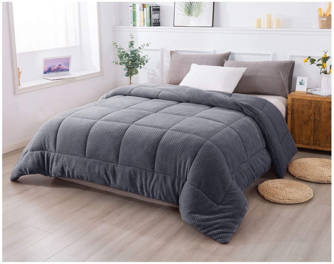 SUPER ULTRA SOFT LUXURY PLUSH SHERPA COMFORTER COZY REVERSIBLE FLEECE GOOSE DOWN ALTERNATIVE FILL MACHINE WASHABLE BEDDING EXCALIBUR GREY QUEEN SIZE
