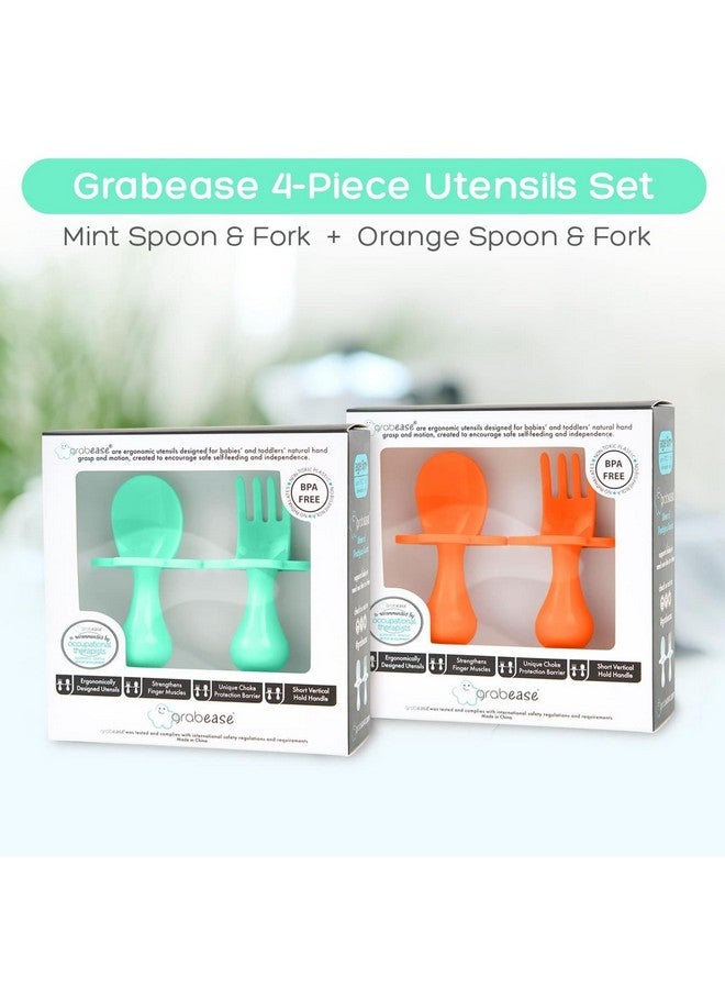 Grabease Baby Spoons and Forks Utensils for Toddlers Infants BPA-Free & Phthalate-Free Baby Silverware, 2 Sets, Mint and Orange - Toddler Spoon - Image 1