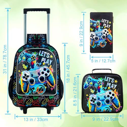UFNDC 4PCS Boys Rolling Backpack, Cute Game Wheeled Bookbag，Roller School Bag with Wheels for Elementary Preschool Travel - Image 5