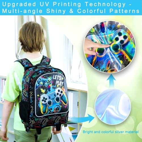 UFNDC 4PCS Boys Rolling Backpack, Cute Game Wheeled Bookbag，Roller School Bag with Wheels for Elementary Preschool Travel - Image 3