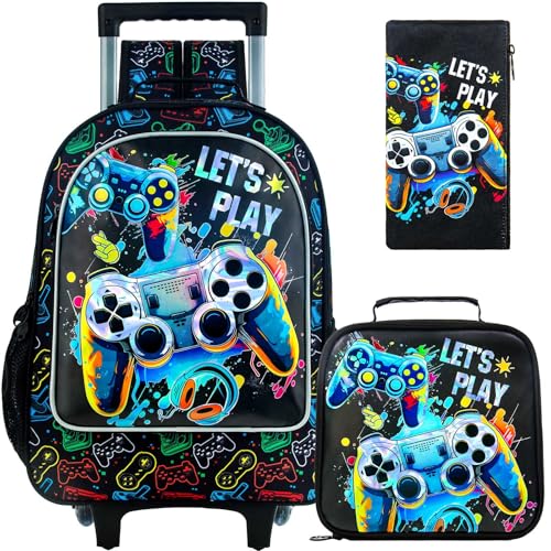 UFNDC 4PCS Boys Rolling Backpack, Cute Game Wheeled Bookbag，Roller School Bag with Wheels for Elementary Preschool Travel - Image 1