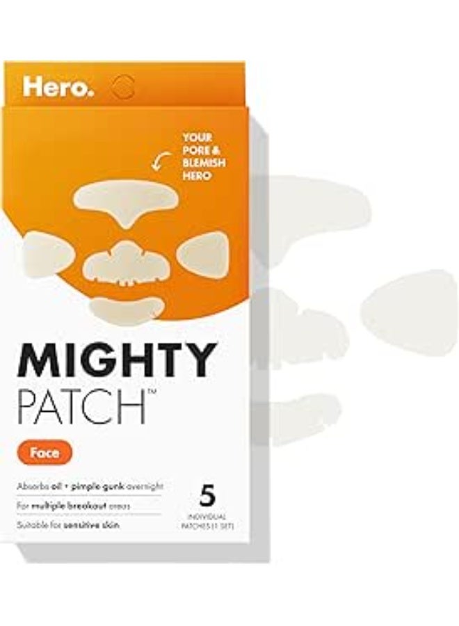 Mighty Patch Face from Hero Cosmetics - XL Hydrocolloid Face Mask for Acne, 5 Large Pimple Patches for Zit Breakouts on Nose, Chin, Forehead & Cheeks - Vegan-Friendly, Not Tested on Animals (1 Count) - Image 1