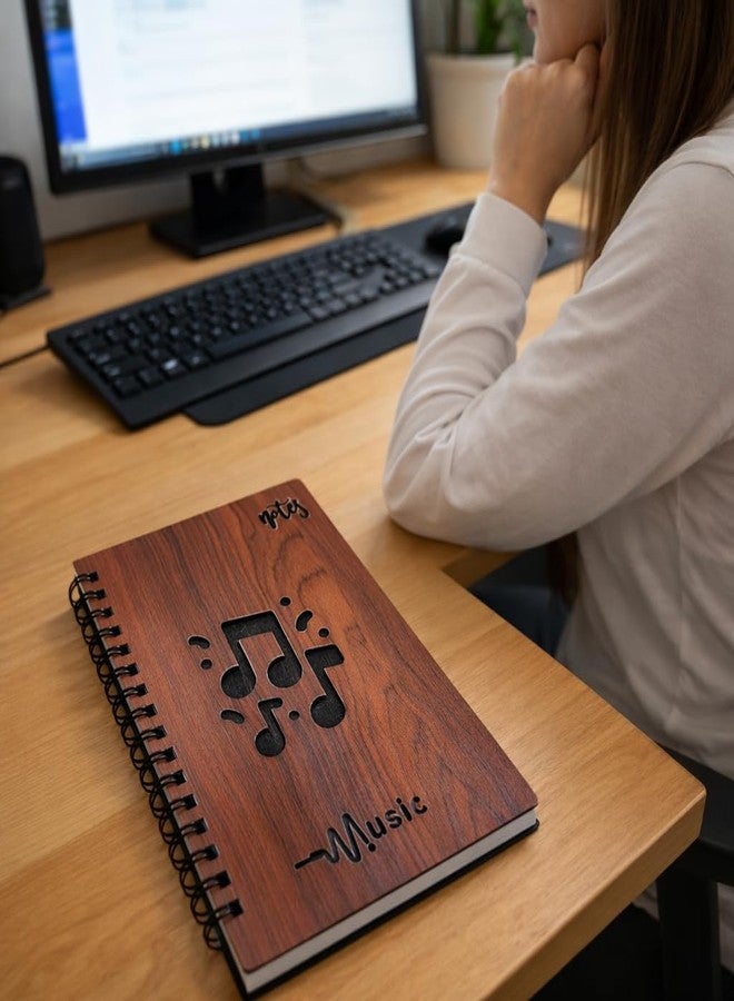 Decor1ders Premium Wooden Spiral Notebook, A5 Size 22.5x15 cm, Music Notes Engraved Cover, 70 GSM Ruled Paper, Wire-O Binding, Journal for Musicians and Students - Image 3