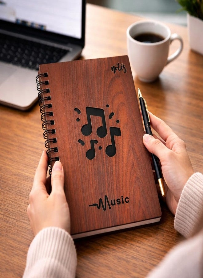 Decor1ders Premium Wooden Spiral Notebook, A5 Size 22.5x15 cm, Music Notes Engraved Cover, 70 GSM Ruled Paper, Wire-O Binding, Journal for Musicians and Students - Image 1