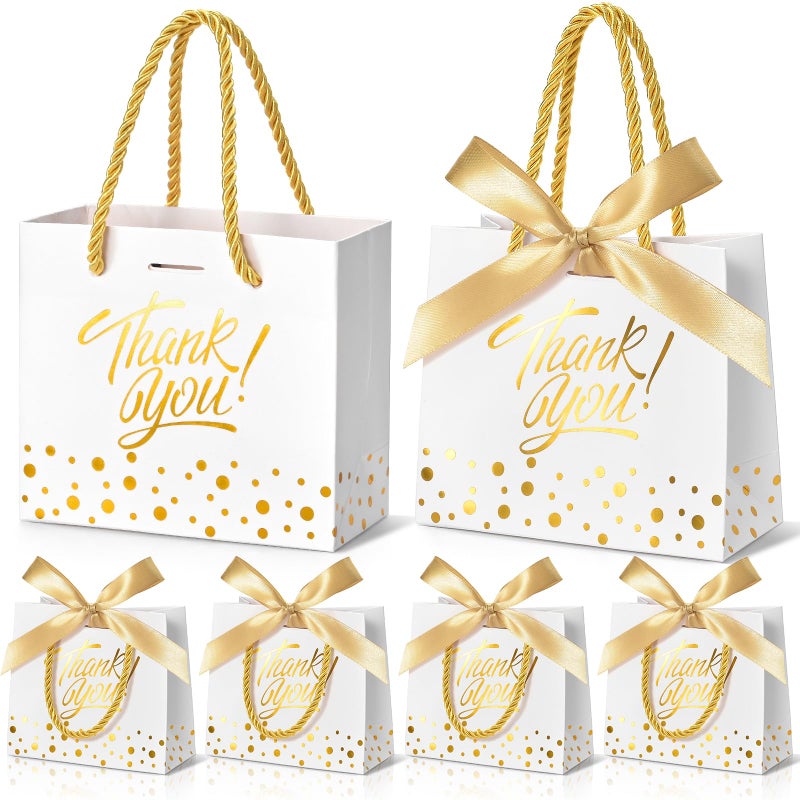 EQOREIIN Small Thank You Gift Bags 50pcs 5.5x2.5x4.7 Inches Small Gift Bags with Handles Bow Ribbon White Paper Bags for Party Favor, Mother's Dayï¼ŒValentine's Day, Wedding, Baby Shower (White) - Image 1