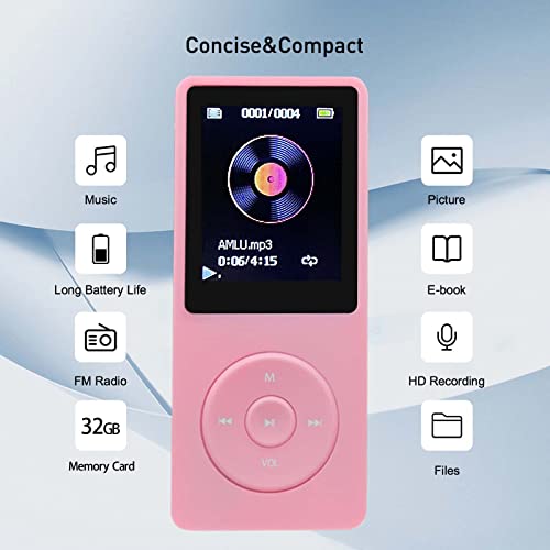 arungo MP3 Player 32GB with Speaker Earphones Portable Music Player for Kids Support FM Radio Voice Recorder E-Book Support up to 128GB Pink - Image 2