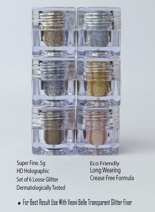 Veoni Belle Loose, Highly Pigmented Holographic Glitter HD Eye Pigment - Long Lasting, Easy to Blend. Metallic Glitter Set of 6 - Light Shade - Image 2