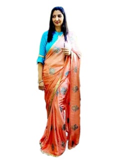Light Orange Color Chinon Silk Saree with Turquoise Blue Flower Embroidery All Over And Satin BlueUnstitched Blouse