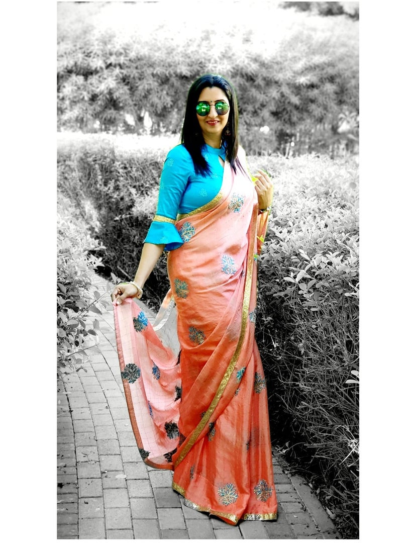 Grab Mantra - Light Orange Color Chinon Silk Saree with Turquoise Blue Flower Embroidery All Over And Satin BlueUnstitched Blouse - Image 1
