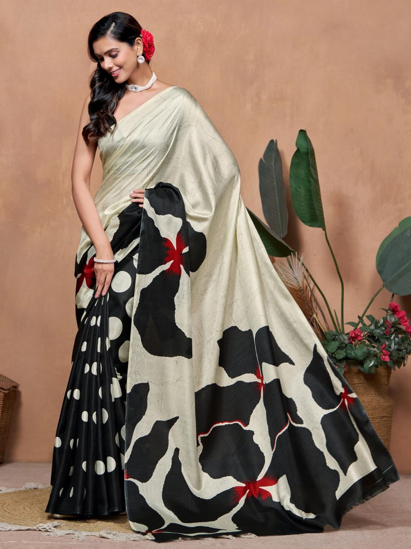 EthnicJunction Women's Art Silk Printed and Polka Dot Saree With Blouse Piece (Black & Beige) - Image 4
