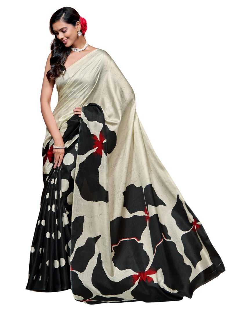 EthnicJunction Women's Art Silk Printed and Polka Dot Saree With Blouse Piece (Black & Beige) - Image 1