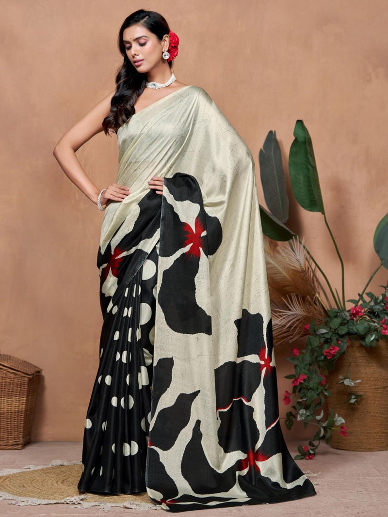 EthnicJunction Women's Art Silk Printed and Polka Dot Saree With Blouse Piece (Black & Beige) - Image 5