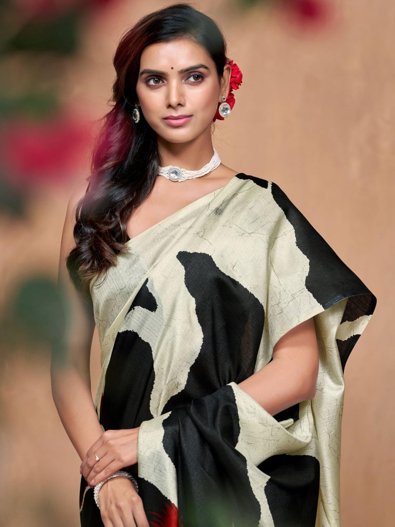 EthnicJunction Women's Art Silk Printed and Polka Dot Saree With Blouse Piece (Black & Beige) - Image 2