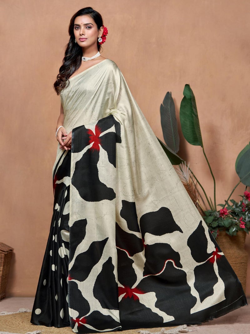 EthnicJunction Women's Art Silk Printed and Polka Dot Saree With Blouse Piece (Black & Beige) - Image 3
